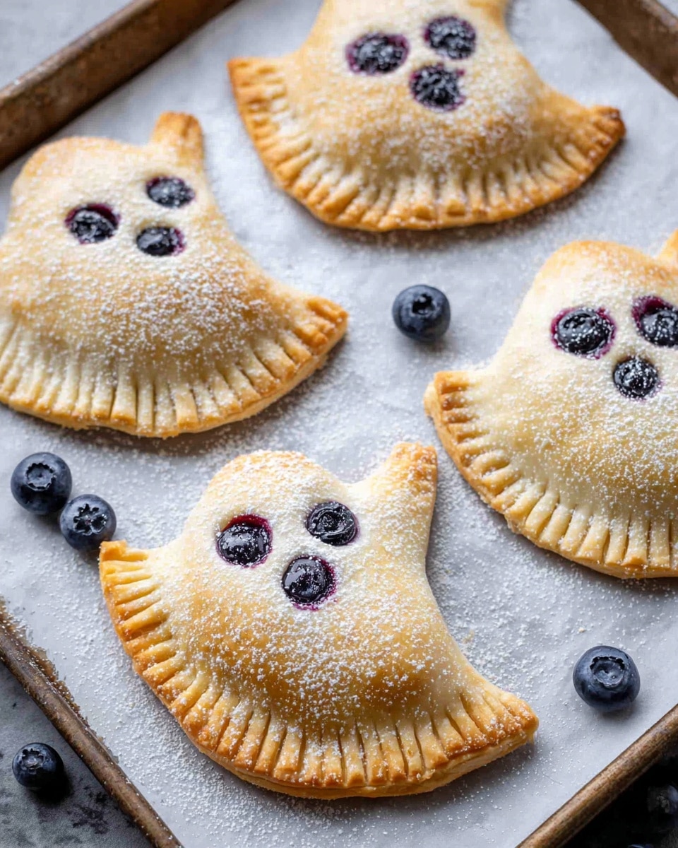 The image shows four small ghost-shaped pastries on a baking tray lined with white parchment paper over a white marbled texture. Each pastry has a light golden-brown crust folded to form a ghost shape with three small dollops of blueberry filling on top to resemble eyes and a mouth. The pastries have a neatly crimped edge all around, with a visible deep purple blueberry filling peeking out from a curved opening near the bottom. The tops are lightly dusted with white powdered sugar, and a few whole blueberries are scattered near the pastries. Photo taken with an iphone --ar 4:5 --v 7