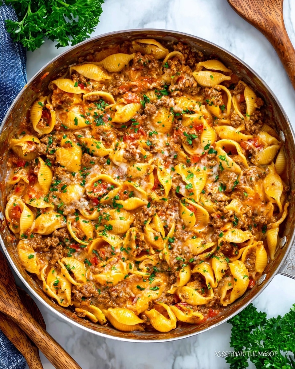 A close-up view of a silver pan filled with cooked pasta shells mixed with ground meat and melted cheese. The pasta shell layer is a warm golden-yellow color, coated in a creamy, slightly oily sauce with hints of red from diced tomatoes and orange from melted cheese. Green herbs are sprinkled on top, adding a fresh touch. The pasta sits in a shallow pool of sauce that shines under the light. The pan rests on a white marbled surface with wooden cooking utensils and green parsley leaves around it. photo taken with an iphone --ar 4:5 --v 7