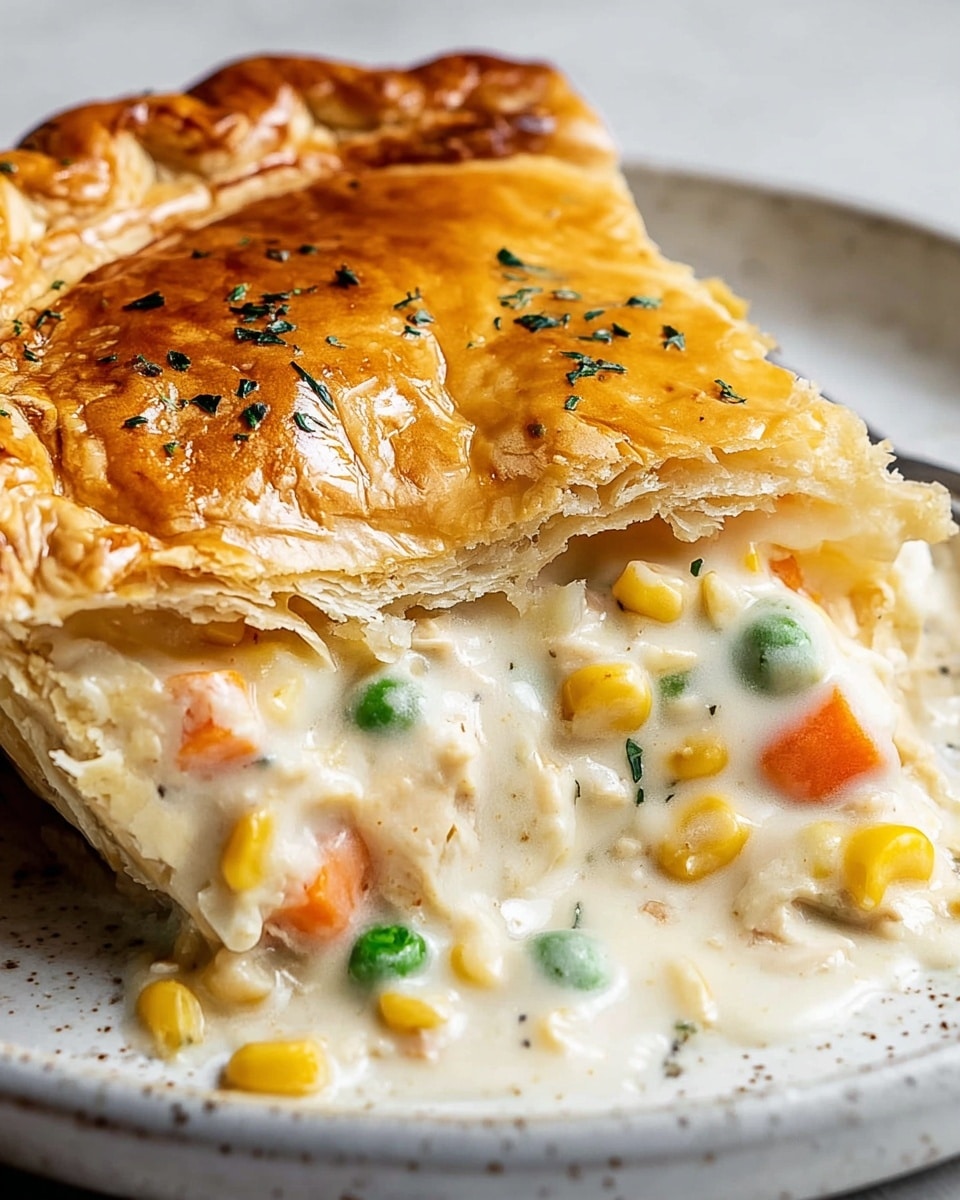 A close-up of a golden brown, flaky pie crust with a thick, creamy filling inside. The crust looks crisp and shiny with small green herb specks sprinkled on top. The filling is a white sauce mixed with colorful vegetables like green peas, orange carrots, and yellow corn. The pie is on a white plate with a speckled rim, sitting on a white marbled textured surface. A piece is cut out, with the filling slightly oozing onto the plate, showing the layers of crust and creamy vegetables inside. Photo taken with an iphone --ar 4:5 --v 7