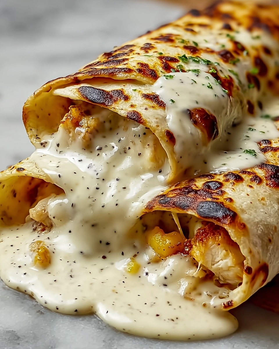 Two rolled tortillas are covered in a creamy, white sauce with visible black pepper specks. The tortillas are slightly grilled, showing patches of brown char marks and a golden texture peeking through. Inside, there are small chunks of golden-brown cooked chicken visible at the open ends of the rolls. The sauce is thick and smooth, dripping down the sides and pooling slightly beneath the rolls, giving a rich and inviting look. The whole scene is set on a white marbled texture. photo taken with an iphone --ar 4:5 --v 7