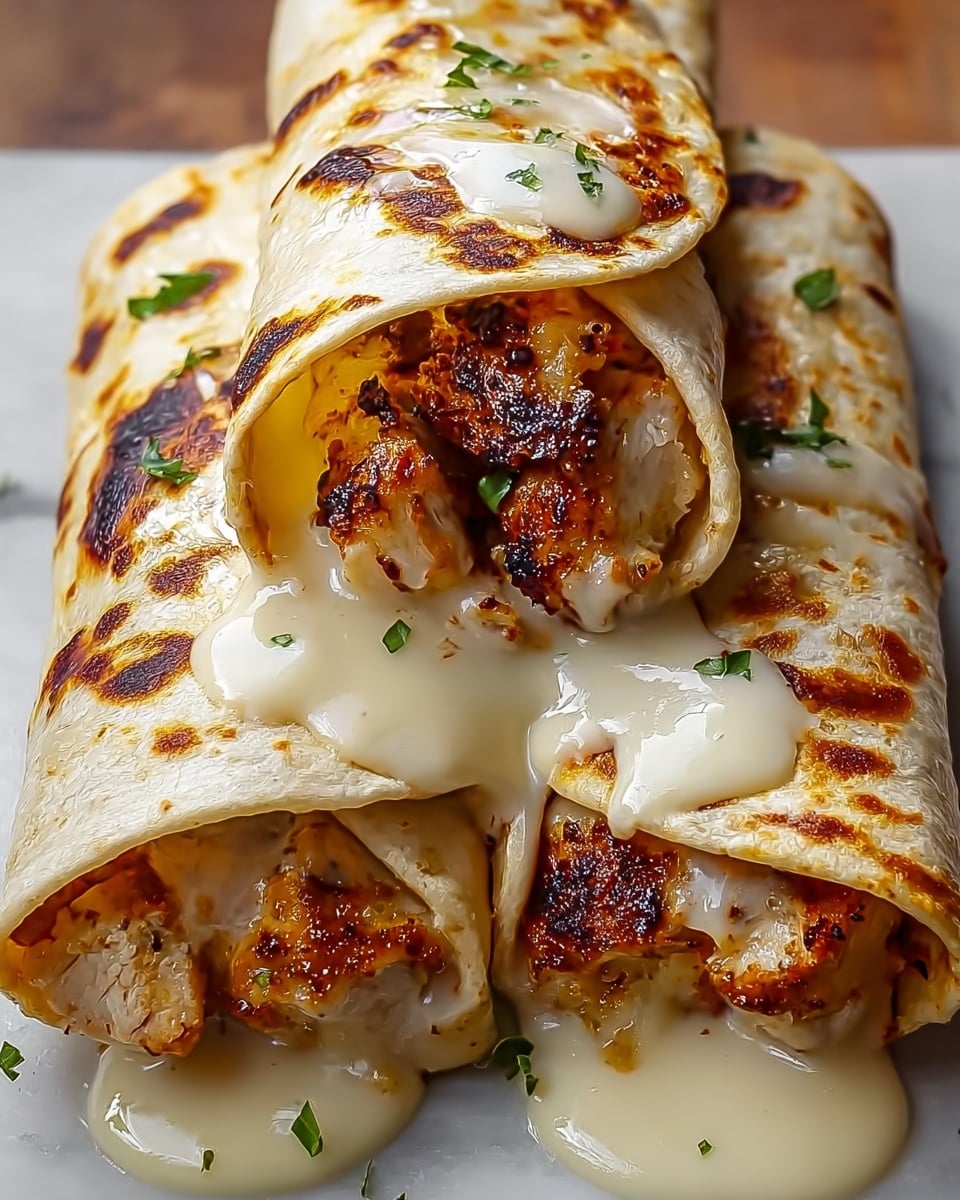 Three rolled tortillas are placed closely together on a white marbled surface, each filled with pieces of golden-brown grilled chicken. The chicken inside has a slightly charred texture with crispy edges. A thick, creamy white sauce generously covers the chicken, dripping down the tortillas and pooling underneath them. The tortillas are lightly toasted, showing browned spots on their soft, pale surface. Small green herb leaves are scattered on top of the tortillas, adding a touch of freshness to the warm, rich dish. photo taken with an iphone --ar 4:5 --v 7