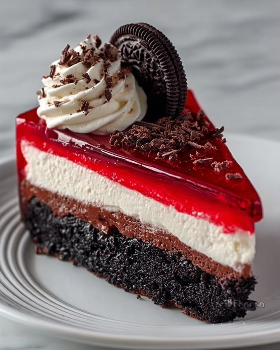 A slice of three-layered cake on a white plate with a shiny red jelly top layer, a thick white creamy middle layer, and a dark chocolate bottom layer with a slightly crumbly texture. There is a swirl of white cream on top dotted with chocolate shavings, and a whole dark cookie standing upright on one side. The surface is a white marbled texture. photo taken with an iphone --ar 4:5 --v 7