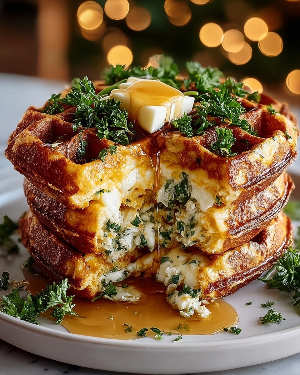 A stack of three thick waffles with a golden brown crispy texture is placed on a white plate set on a white marbled surface. The waffles are filled with melted white and orange cheese mixed with small green herbs that ooze out from a cut wedge in the front. The top waffle is topped with a melting square pat of butter surrounded by fresh chopped green parsley and a drizzle of shiny syrup running down the sides onto the plate. Extra parsley leaves decorate the plate edges. The background is softly blurred with warm bokeh lights adding a cozy feeling. Photo taken with an iphone --ar 4:5 --v 7