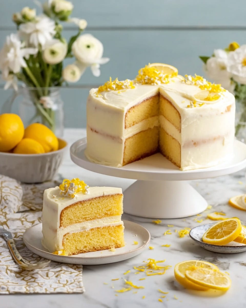 A two-layer lemon cake is shown, with a light yellow sponge base on the bottom and top layers, separated by a thick white cream layer in the middle. The cake is frosted with a smooth white cream on the top and sides, with some lemon zest sprinkled on top and around the cake. One slice is cut and placed on a white plate in front of the cake stand, showing the layered structure clearly. Around the cake and plate are scattered lemon zest pieces and lemon slices. The scene is set on a white marbled surface with a white and gray patterned cloth nearby, a bowl of lemons, and a vase of white flowers in the background. Photo taken with an iphone --ar 4:5 --v 7