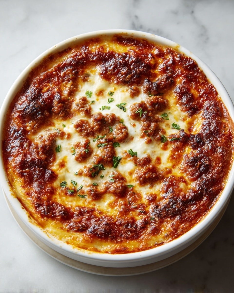 A baked dish in a white round ceramic dish, showing one thick layer with a golden-brown top covered in melted cheese that is browned and bubbly, with darker spots where the cheese has crisped. The layer underneath is slightly visible along the edges, showing a soft, creamy texture with a few scattered browned meat pieces blending into the cheese. The dish sits on a white marbled surface, emphasizing the warm colors of the baked topping. photo taken with an iphone --ar 4:5 --v 7