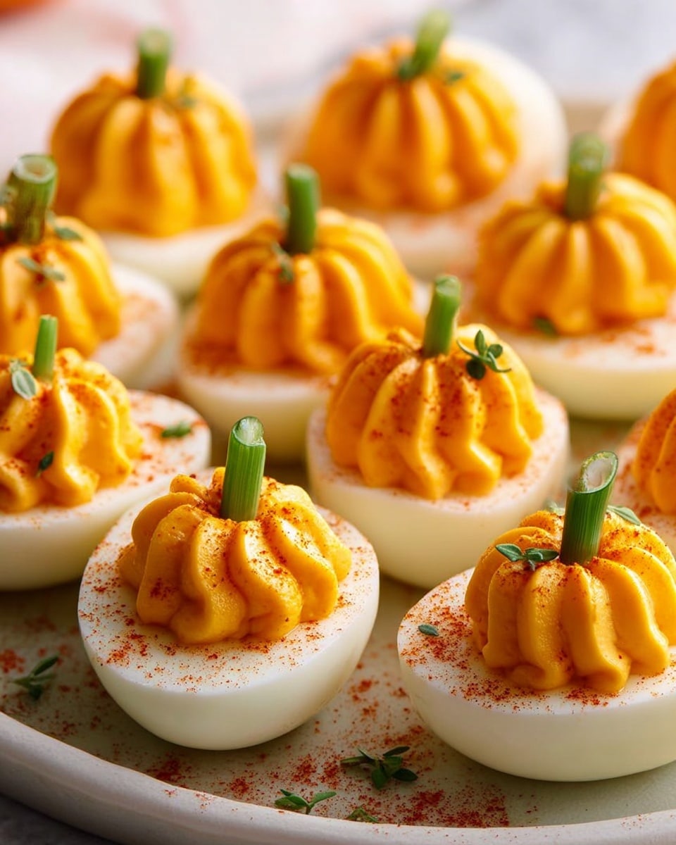 The image shows a close-up of several deviled eggs arranged neatly on a white plate placed on a white marbled surface. Each deviled egg is cut in half with the smooth white egg white as the base layer and a piped swirl of bright orange-yellow yolk mixture on top, shaped like small pumpkins with ridged textures. The yolk topping has small green onion or chive pieces inserted vertically in the center, resembling stems. There is a light dusting of red paprika powder sprinkled on the egg white and yolk, with some extra green herb bits scattered around, giving a fresh and colorful look. The photo taken with an iphone --ar 4:5 --v 7