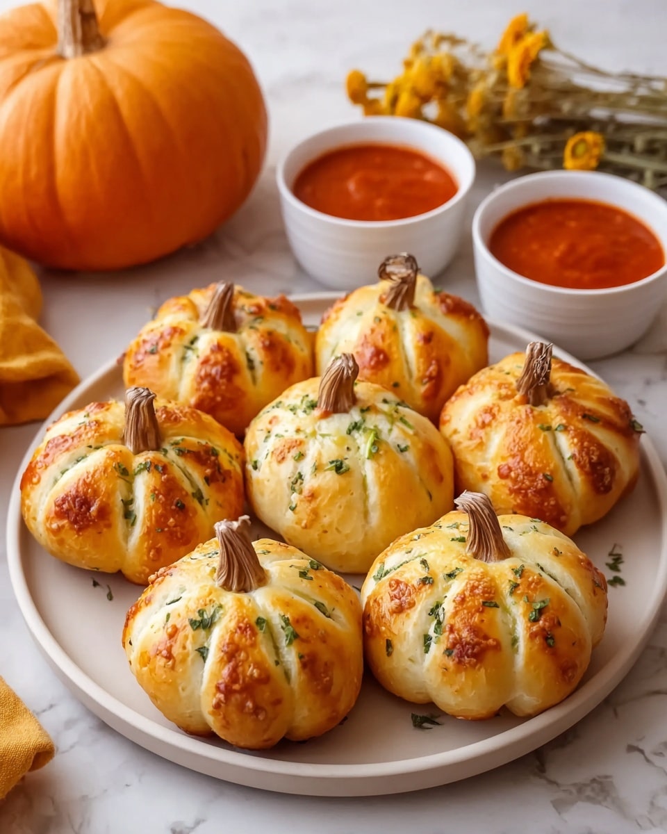 The image shows a white round plate with six small pumpkin-shaped bread rolls arranged close together. Each roll has a golden-brown baked outer layer with a soft, slightly crispy texture and visible green herb flakes on top. The rolls have vertical white strips of dough that create the pumpkin sections, and each is topped with a small, natural-looking brown stem. Behind the rolls, there are two small white bowls filled with red marinara sauce on a white marbled background, along with a large orange pumpkin and some dried yellow flowers on the side. photo taken with an iphone --ar 4:5 --v 7