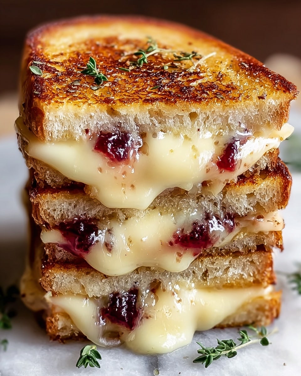 A close-up view of a triple-layer grilled cheese sandwich stacked on a white marbled surface, showing three slices of golden-brown toasted bread with a crispy texture. Between the layers, there are thick, creamy, gooey melted cheese layers with some red spots of jam or fruit spread visible, creating a contrast in color. Small green herb leaves are placed on top and between the layers of bread. The sandwich looks warm and melting, with cheese oozing slightly out of the sides. Photo taken with an iphone --ar 4:5 --v 7