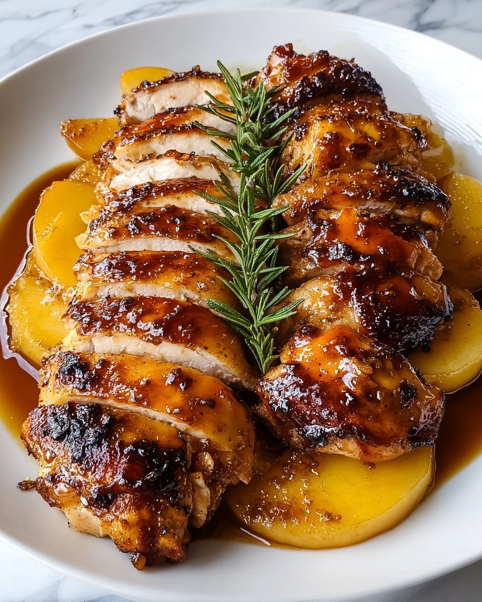 The dish shows a white plate filled with golden-brown, glazed roasted chicken pieces arranged in two rows, one row of thickly sliced chicken breast and the other row of skin-on chicken thighs. The chicken skin is crispy and charred with a shiny, slightly sticky glaze. Underneath the chicken, there are several thick slices of cooked apple, soft-textured and golden yellow with some caramelized edges. A few sprigs of fresh green rosemary are placed on top, adding a touch of color and freshness. There is a rich brown sauce pooling around the chicken and apples on the white plate. The plate rests on a white marbled surface photo taken with an iphone --ar 4:5 --v 7