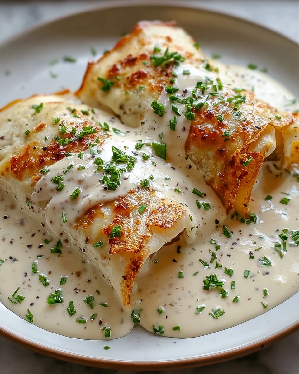 Two rolled crepes are placed side by side on a white plate, each covered with creamy white sauce that has specks of black pepper and herbs. The crepes have a slightly browned, golden top with some crisp edges. The sauce is thick and smooth, pooling around the base of the crepes with finely chopped green herbs sprinkled on top and around the plate. The background is a white marbled texture, enhancing the warm colors of the dish. photo taken with an iphone --ar 4:5 --v 7