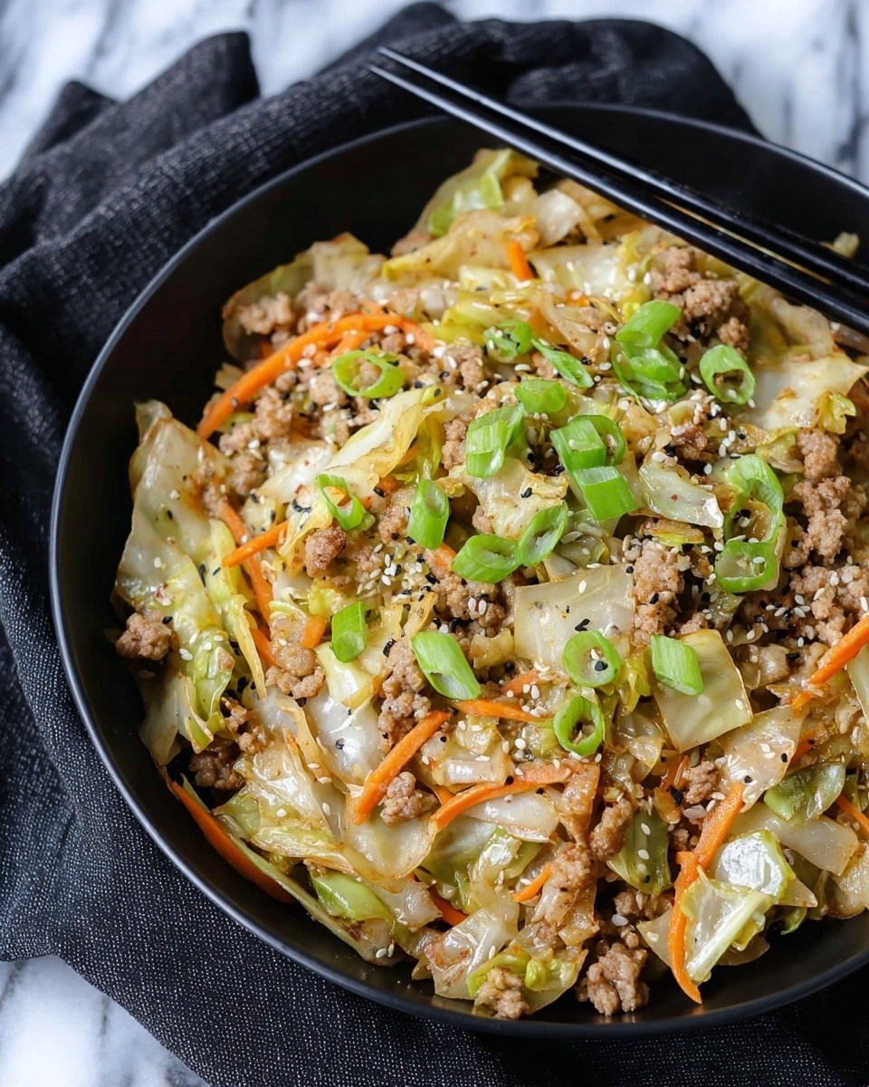 A close-up of a black bowl filled with a stir-fry dish layered with cooked light green cabbage pieces, light brown ground meat, and thin orange carrot strips mixed evenly. On top, there are bright green sliced scallions and a sprinkle of white sesame seeds and black pepper. Two black chopsticks rest on the bowl's edge, and the bowl is placed on a dark cloth over a white marbled surface. photo taken with an iphone --ar 4:5 --v 7