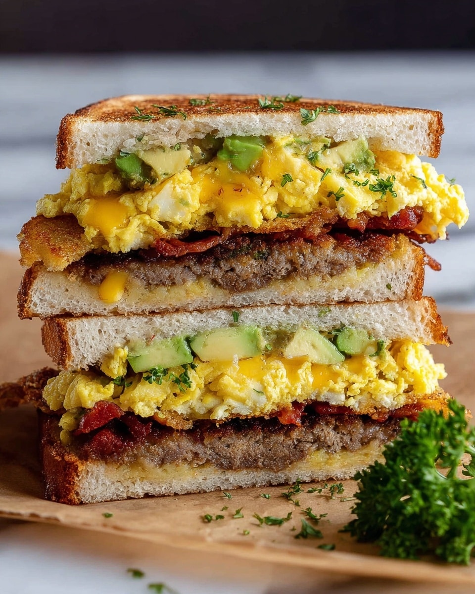 A stacked breakfast sandwich cut in half, showing two main layers inside white toasted bread slices. Each sandwich half has four layers: at the bottom, a browned sausage patty with a slightly rough texture, above it a crispy golden-brown fried hash brown, followed by a layer of crisp red bacon strips, soft green avocado chunks, and a thick layer of fluffy yellow scrambled eggs on top. The bread is lightly toasted with some green herb flakes sprinkled on top. The sandwich is placed on light brown parchment paper on a white marbled surface, with a small bunch of fresh green parsley nearby. Photo taken with an iphone --ar 4:5 --v 7