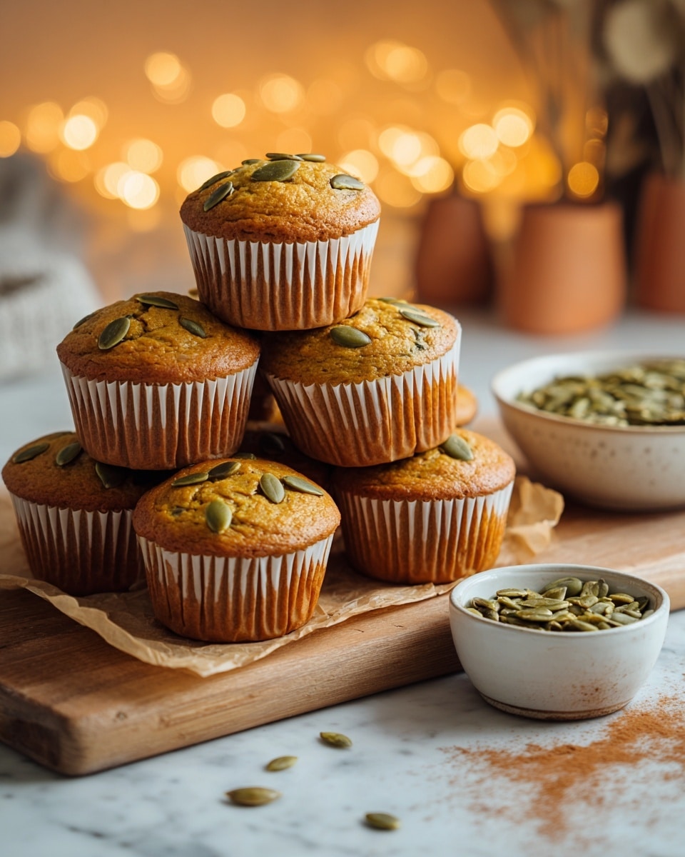 A stack of six golden brown muffins with light brown paper liners sits on a piece of brown parchment paper on a wooden cutting board. The muffins are arranged in a pyramid shape with three on the bottom layer, two in the middle, and one on top. Each muffin has several pale green pumpkin seeds scattered on its domed top, which has a slightly shiny and textured surface. To the right, there is a white bowl with a brown tint holding more pumpkin seeds, placed on a white marbled surface. Some loose pumpkin seeds and a small pile of brown powder are sprinkled near the bowl. Soft warm lighting and a blurred background with warm tones create a cozy atmosphere. Photo taken with an iphone --ar 4:5 --v 7