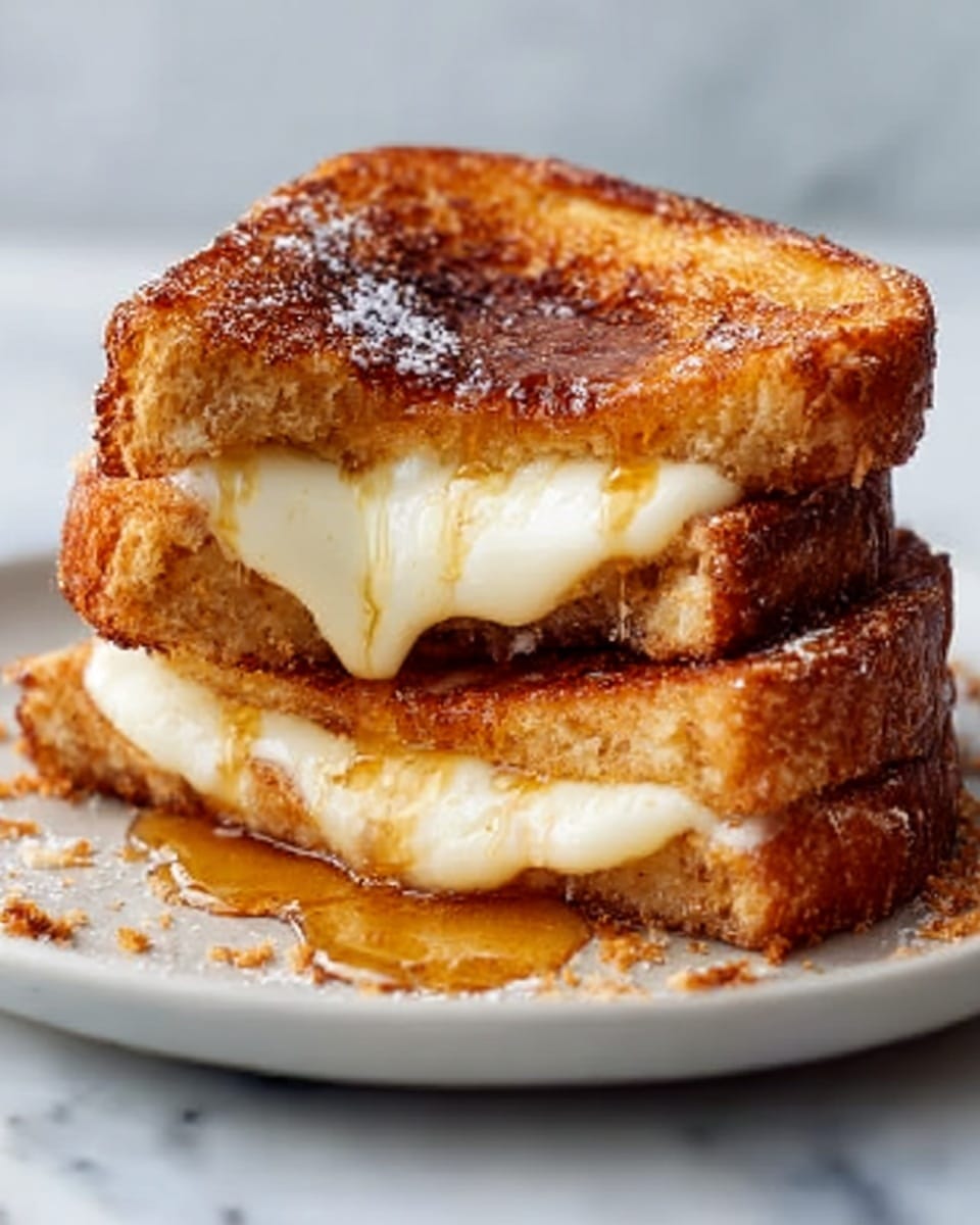The image shows two thick slices of toasted bread stacked on a white plate, with gooey melted cheese oozing out from the middle layer. The outer bread is golden brown and crispy, with a slightly shiny finish from melted butter. A drizzle of honey runs over the cheese and bread, adding a sticky texture and shiny glaze. Around the plate edges, there are small flaky crumbs scattered lightly. The background is a white marbled surface, softly blurred. Photo taken with an iphone --ar 4:5 --v 7