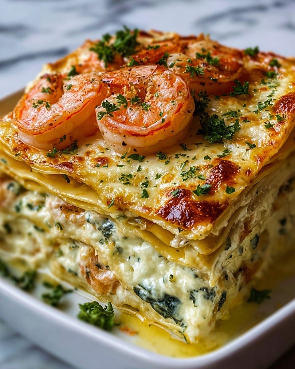 The dish is a creamy shrimp lasagna served in a white ceramic rectangular dish. It has multiple layers of thin, golden-yellow pasta sheets alternating with rich, creamy white sauce mixed with green herbs and chopped spinach. Large cooked shrimp, pinkish-orange with a slight char, are placed on top of the lasagna, garnished with finely chopped green parsley, adding a fresh pop of color. The edges of the pasta layers are slightly crispy and browned, while the creamy layers between are smooth and slightly bubbling, showing a rich texture. The background is a white marbled surface. photo taken with an iphone --ar 4:5 --v 7