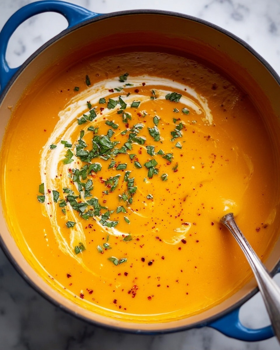 A close-up view of a blue pot filled with a smooth, thick, bright orange soup. The soup has a swirl of white cream near the center, topped with finely chopped green herbs scattered over half of the swirl. Small red specks of spice are sprinkled lightly across the surface. A silver spoon is partially dipped into the soup on the right side. The pot sits on a white marbled surface. photo taken with an iphone --ar 4:5 --v 7