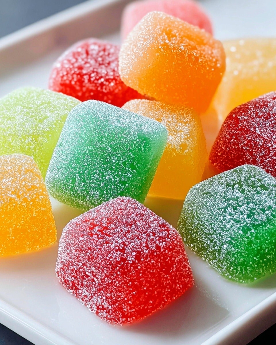 The image shows an assortment of colorful gummy candies placed closely together on a white square plate, which rests on a white marbled surface. These gumdrops are small, rounded, and slightly translucent, with a sugar-coated outer layer that gives them a sparkling texture. The candies come in multiple colors including green, red, yellow, orange, and white, each color shining vibrantly and softly reflecting light. The focus is on the gumdrops in the front, clearly showing their sugary coating and glossy texture, while the ones in the background are blurred. Photo taken with an iphone --ar 4:5 --v 7