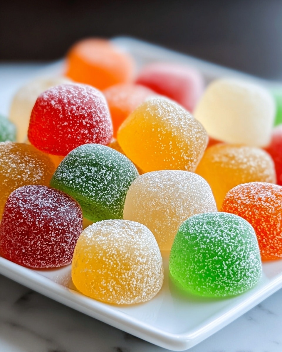 The image shows a close-up of colorful square-shaped gummy candies placed closely together on a white plate. There are multiple gummies in the frame, with visible colors including green, red, orange, yellow, and a bit of light green in the background. Each gummy has a shiny, sugar-coated texture that sparkles under the light, giving them a fresh and sugary look. The surface of the plate has a smooth white marbled texture beneath the candies, adding a subtle elegant touch to the scene. Photo taken with an iphone --ar 4:5 --v 7