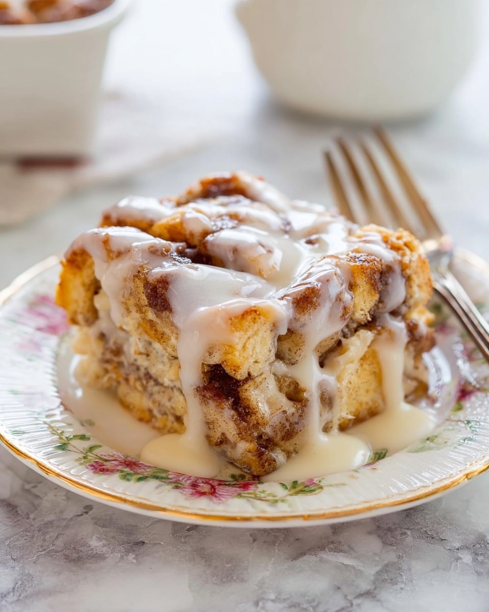 A close-up of a square piece of cinnamon roll bread pudding on a white plate with floral patterns, showing layers of golden-brown, soft, and chunky cinnamon bread pieces soaked in creamy white glaze dripping down the sides, set on a white marbled surface with a blurred white fork in the background and a spoon with white glaze at the bottom right corner of the image, photo taken with an iphone --ar 4:5 --v 7