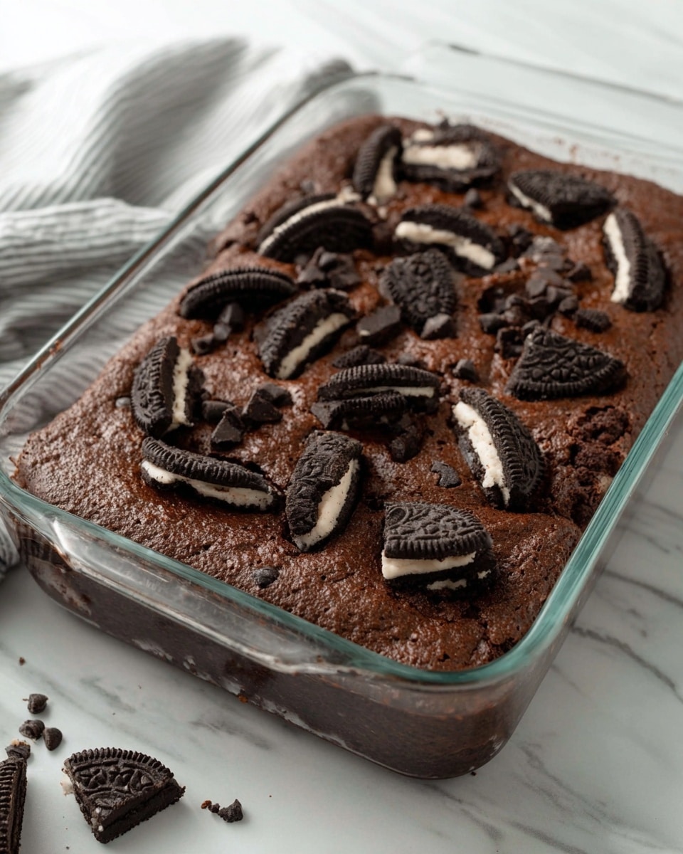 A glass baking dish filled with a thick, rich chocolate brownie base as the bottom layer, dark brown with a slightly cracked texture. On top, there are broken pieces of chocolate sandwich cookies scattered unevenly, showing their black cookie parts and white creamy centers. The dish rests on a white marbled surface with a soft cloth in the background. photo taken with an iphone --ar 4:5 --v 7