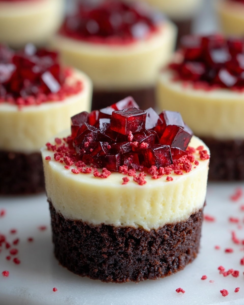 The image shows a small two-layered dessert on a white marbled surface. The bottom layer is a dark, moist chocolate cake with a rough texture. The top layer is smooth, creamy, and pale yellow in color, evenly spread over the chocolate base. On top of the creamy layer, there is a heap of small, glossy, deep red cubes, surrounded by fine red crumbs scattered around the dessert and on the white surface. The dessert has a neat, cylindrical shape, and similar desserts are blurred in the background. photo taken with an iphone --ar 4:5 --v 7