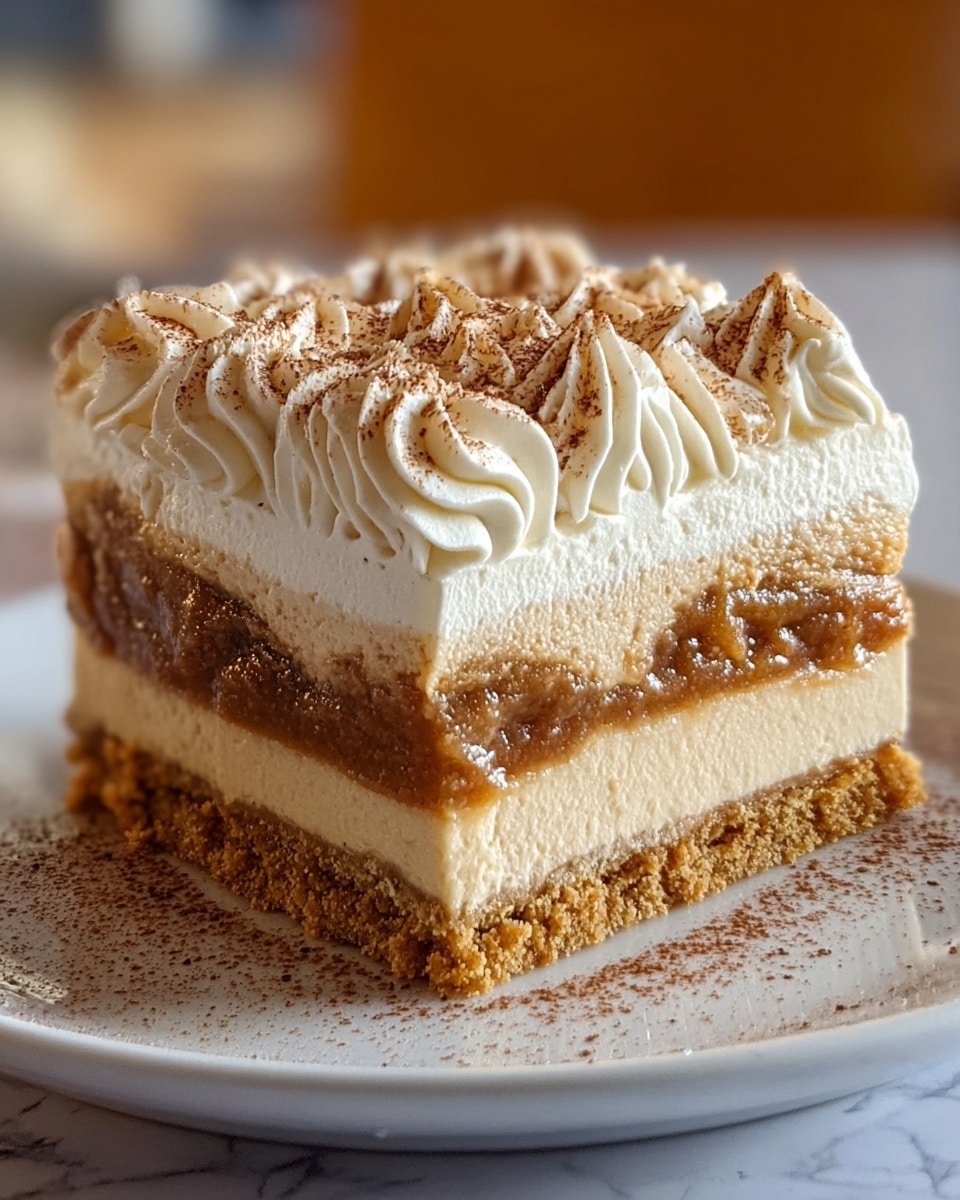 A close-up image of a square slice of layered dessert on a white plate, sitting on a white marbled surface. The dessert has four distinct layers: at the bottom, a crumbly golden-brown crust; above that, a smooth, light creamy layer; the third layer is a thick, chunky caramel-colored filling; and on top, a generous thick layer of light beige whipped cream with textured swirls, sprinkled with cocoa powder. The background is softly blurred to keep focus on the dessert. Photo taken with an iphone --ar 4:5 --v 7