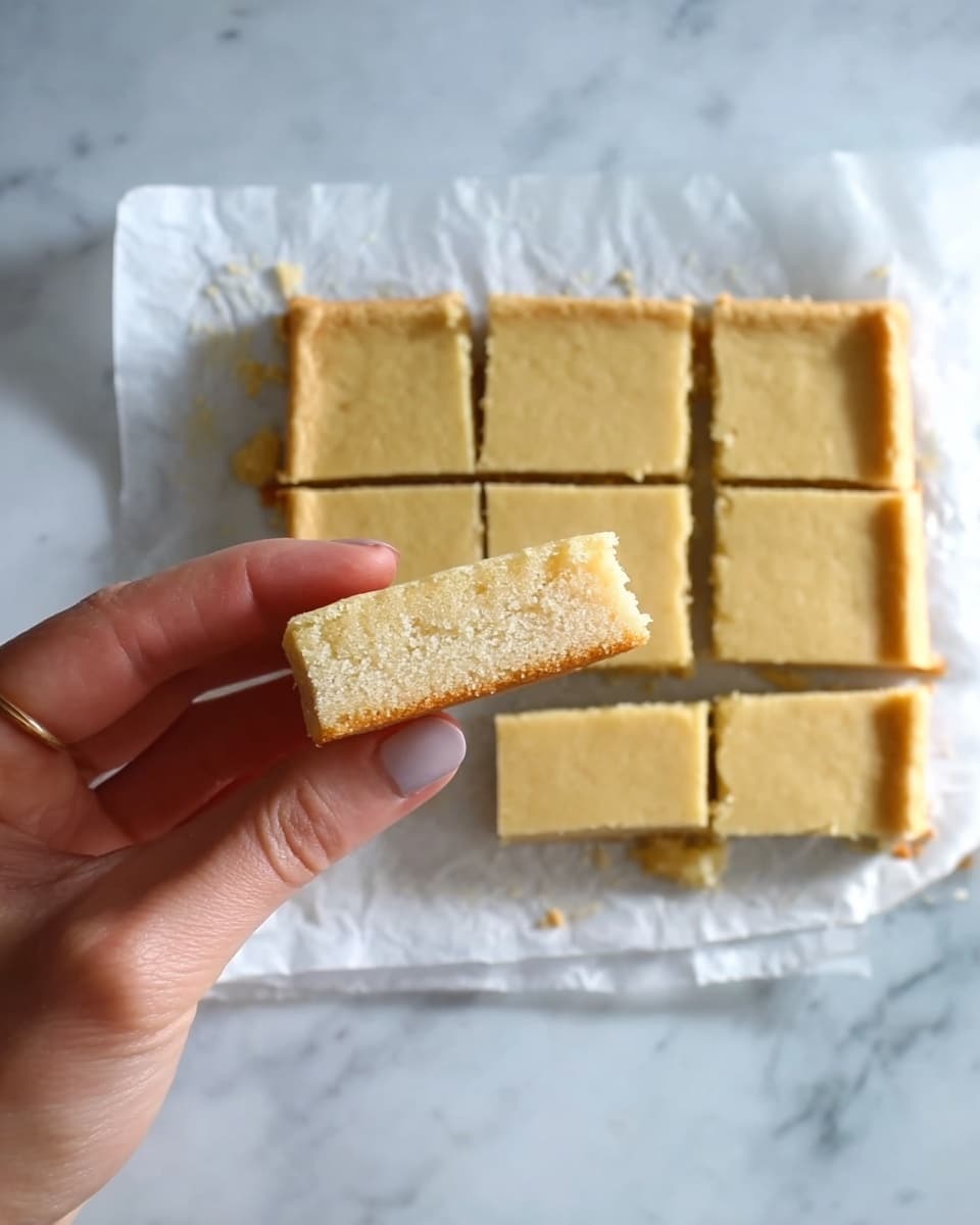 A square sheet of light golden blond shortbread is cut evenly into nine pieces on white parchment paper lying on a white marbled surface. In the foreground, a woman's hand holds one rectangular piece showing its smooth, slightly crumbly texture and pale inside. The shortbread edges are clean and crisp, with a uniform thickness and soft color. Photo taken with an iphone --ar 4:5 --v 7