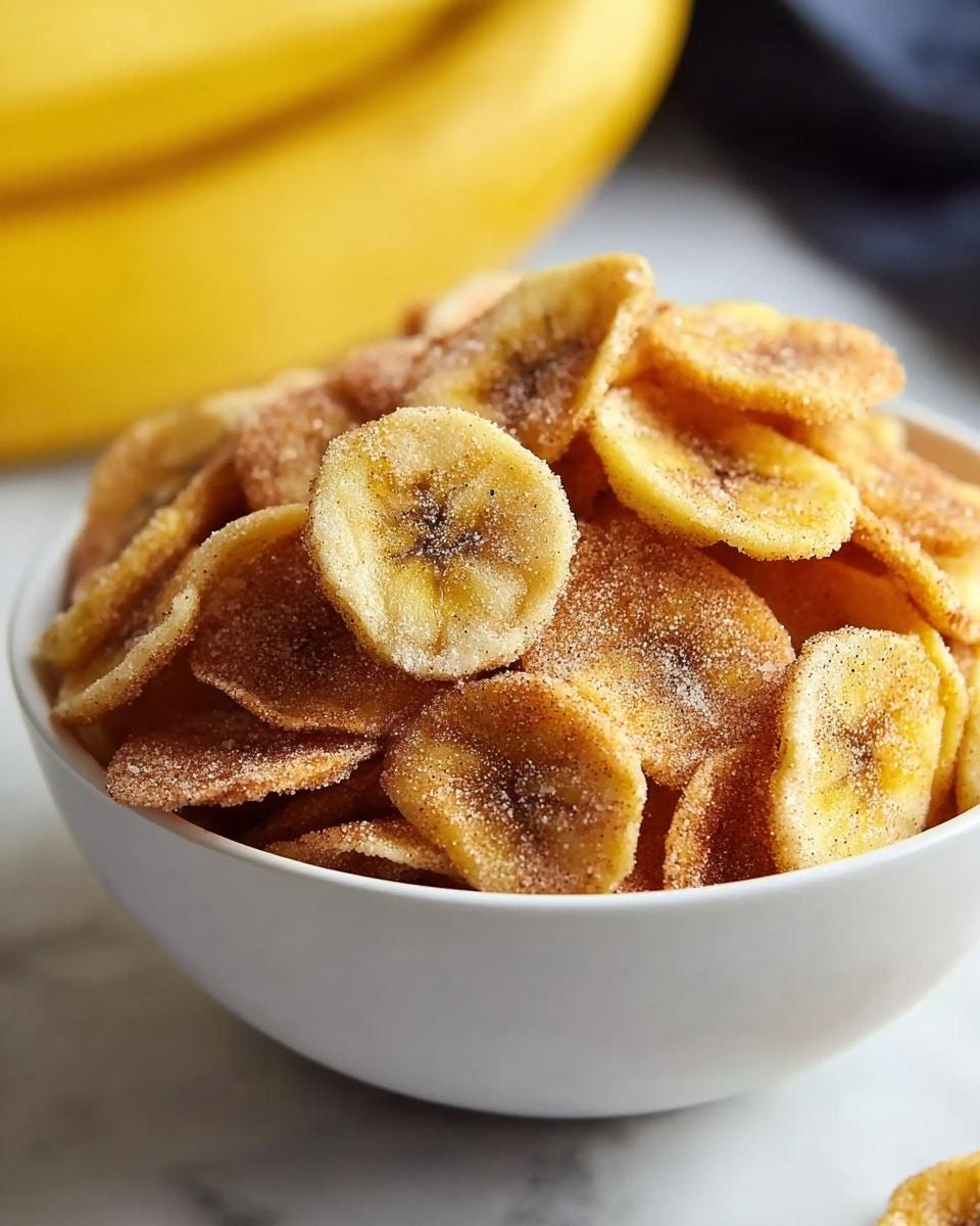 A full white bowl sits on a white marbled surface, filled with many thin, round banana chips that are golden yellow with a light to dark brown gradient on each chip, all dusted evenly with a fine layer of cinnamon sugar, giving them a slightly sparkly texture. The chips are piled irregularly, some overlapping and some standing upright, showing off their crispy texture and sugary coating. A blurred yellow banana can be seen in the background, enhancing the focus on the bowl of chips. photo taken with an iphone --ar 4:5 --v 7