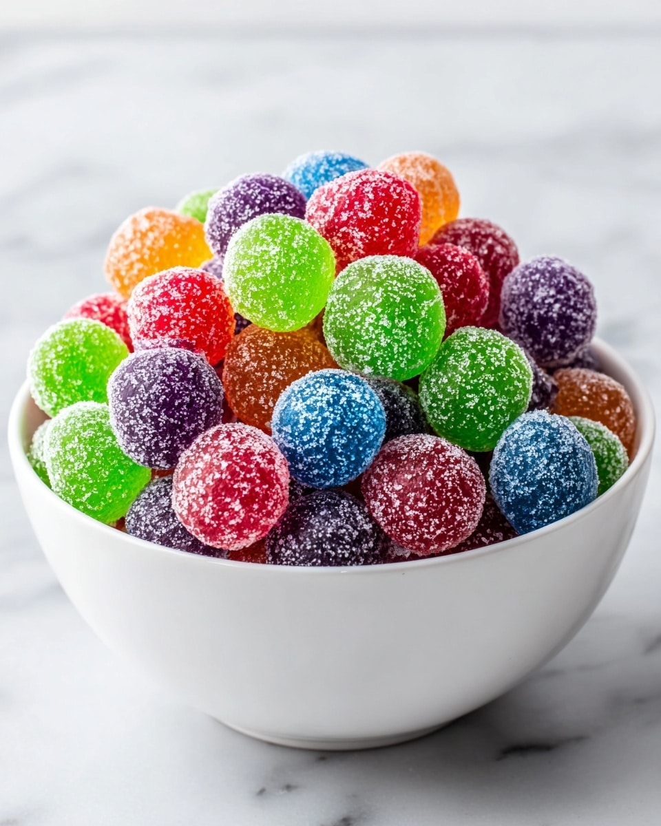 A white bowl is filled with round, sugar-coated gumdrops in bright colors, including red, green, purple, blue, and orange. Each gumdrop layer is smooth and shiny under a sparkling layer of sugar crystals, giving a frosted look. The gumdrops are piled high and fill the bowl to the rim, resting on a white marbled surface background. The colors are vivid and catch the light, showing a mix of translucent and opaque textures. photo taken with an iphone --ar 4:5 --v 7