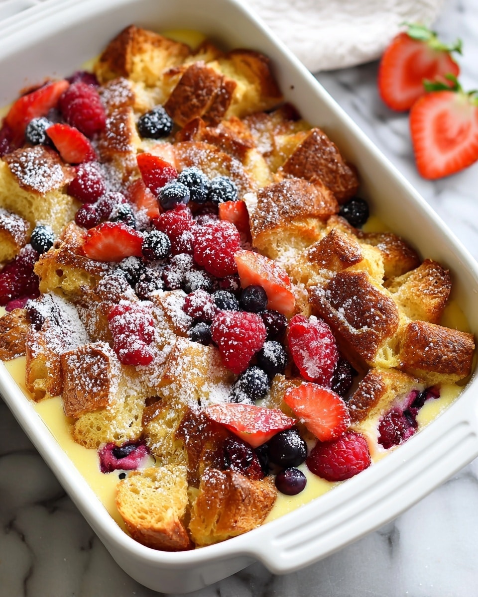 A white rectangular baking dish filled with a baked pastry dish showing three main layers: at the bottom, a soft yellow creamy custard base visible through gaps; above that, golden brown crispy croissant pieces broken into chunks covering the surface unevenly; lastly, scattered on top, fresh red raspberries, strawberries cut into small pieces, and dark blue blueberries add bright colors. The whole dish is lightly dusted with powdered sugar giving a fine white dust over the fruit and croissant. The dish sits on a white marbled surface, and in the blurry background, there are two strawberry halves. photo taken with an iphone --ar 4:5 --v 7