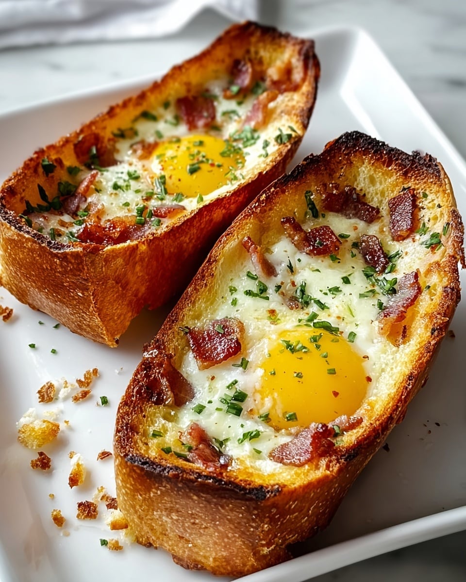 Two halves of brown toasted bread boats sit on a white square plate placed on a white marbled surface. Each hollowed-out bread piece contains a cooked egg with bright yellow yolk near the center, surrounded by melted white cheese. Small pieces of browned bacon are scattered inside along with a sprinkling of chopped green herbs on top. The edges of the bread are crispy and golden brown, showing a crunchy texture. Crumbs and herb bits are sprinkled around the plate. The photo taken with an iphone --ar 4:5 --v 7