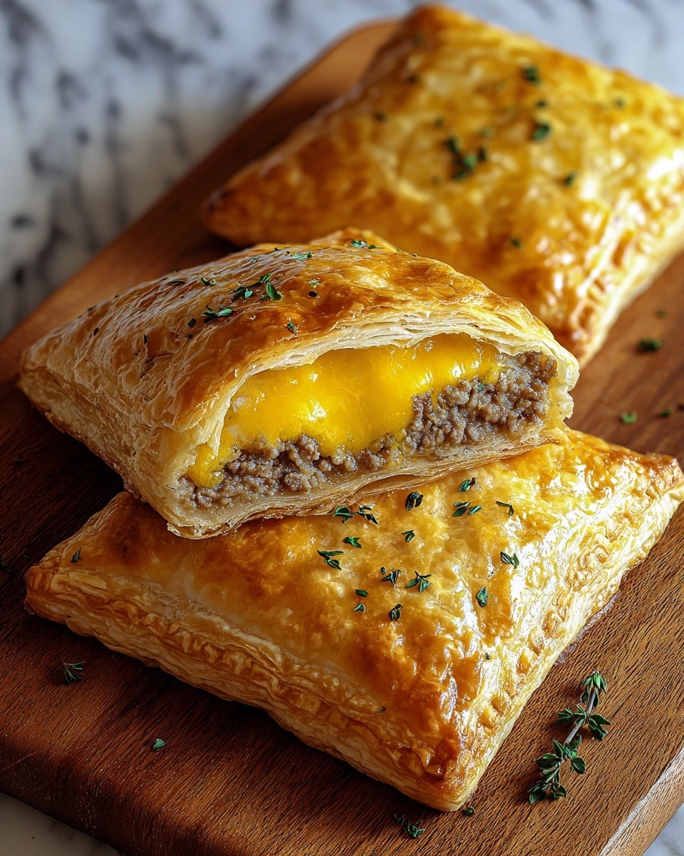 The image shows two square golden-brown puff pastries on a wooden board with a white marbled background. One pastry is whole, while the other is cut open, revealing two layers inside: a bottom layer of light brown cooked ground meat and a top layer of bright yellow melted cheese. The pastries have a shiny, textured, flaky crust sprinkled with small green herb leaves on top and around. photo taken with an iphone --ar 4:5 --v 7