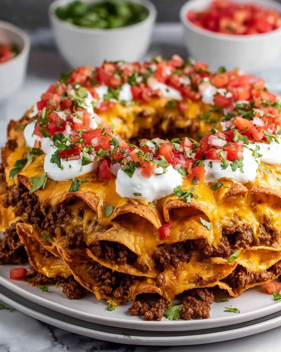A white plate holds a round taco ring made of a single layer of folded golden-brown tortillas forming a circular shape with a hollow center. The tortillas are covered in a thick layer of melted bright yellow cheese with browned crispy edges. On top, there is a generous layer of cooked ground beef in small crumbly pieces. Fresh diced red tomatoes and green cilantro leaves are sprinkled on top, adding color. White sour cream is drizzled over the dish in loops across the surface. In the background, there is a white bowl with green guacamole, all set on a white marbled surface. Photo taken with an iphone --ar 4:5 --v 7