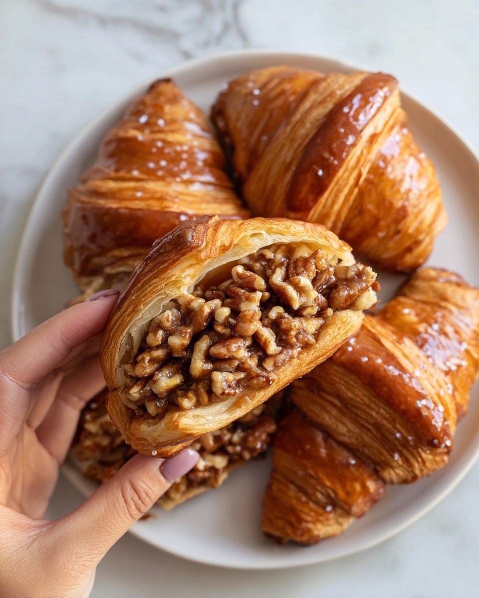 The image shows a close-up view of several small croissant-shaped pastries on a white plate. Each pastry has multiple flaky layers with a golden-brown, shiny glaze on top, giving a crisp texture. The open ends reveal a sticky, glossy filling made of chopped nuts mixed with syrup, topped with whole pecans that add a rich brown color and a glossy finish. The surface beneath the plate is a white marbled texture. photo taken with an iphone --ar 4:5 --v 7