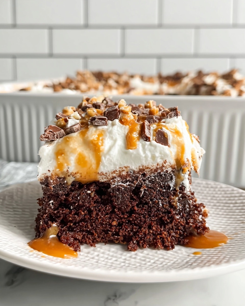 A close-up of a square piece of chocolate cake sits on a white plate with a textured rim, resting on a white marbled surface. The cake has two clear layers: a moist, dark brown chocolate base with a slightly rough texture and a thick, creamy white frosting layer on top. The frosting is smooth and fluffy, dotted with small crunchy pieces of nuts and chocolate, and drizzled with golden caramel sauce that also lightly decorates the plate around the cake. In the blurred background, a white baking dish with more cake is partially visible against a white subway tile wall. Photo taken with an iphone --ar 4:5 --v 7
