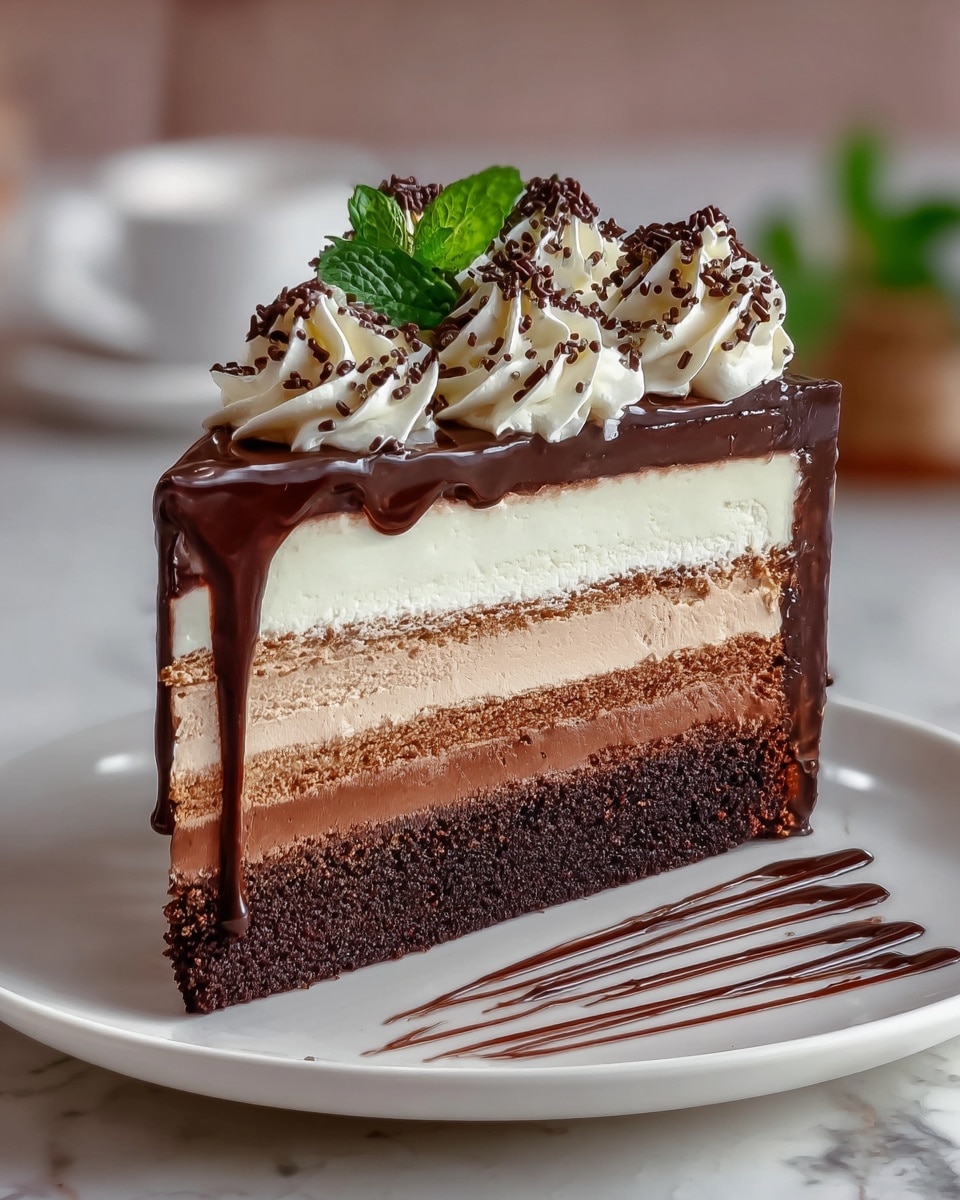 A tall slice of layered chocolate cake sits on a white plate with a white marbled background. The bottom layer is dark, moist chocolate cake, followed by a thick white cream layer. Above this is another dark chocolate cake layer, then a smooth milk chocolate mousse layer. The top is another dark chocolate cake layer covered with glossy dark chocolate ganache dripping down the sides. Three swirls of white whipped cream decorated with chocolate crumbs sit on top. Small dollops of chocolate sauce are scattered around the plate. Photo taken with an iphone --ar 4:5 --v 7