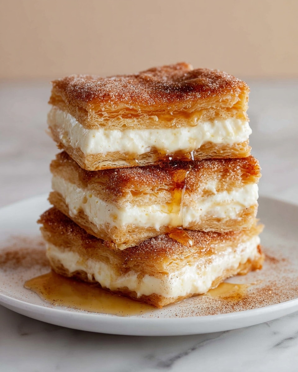 A stack of four square pastry layers is shown on a white plate on a white marbled surface. Each layer has a crispy, golden-brown crust with a fine dusting of cinnamon and sugar on top. Between the crust layers, there is a thick, creamy, white filling that appears smooth and soft. The top crust is drizzled lightly with amber syrup that pools slightly on the plate, adding a glossy texture contrast. The layers are evenly stacked, creating a neat tower of dessert. Photo taken with an iphone --ar 4:5 --v 7