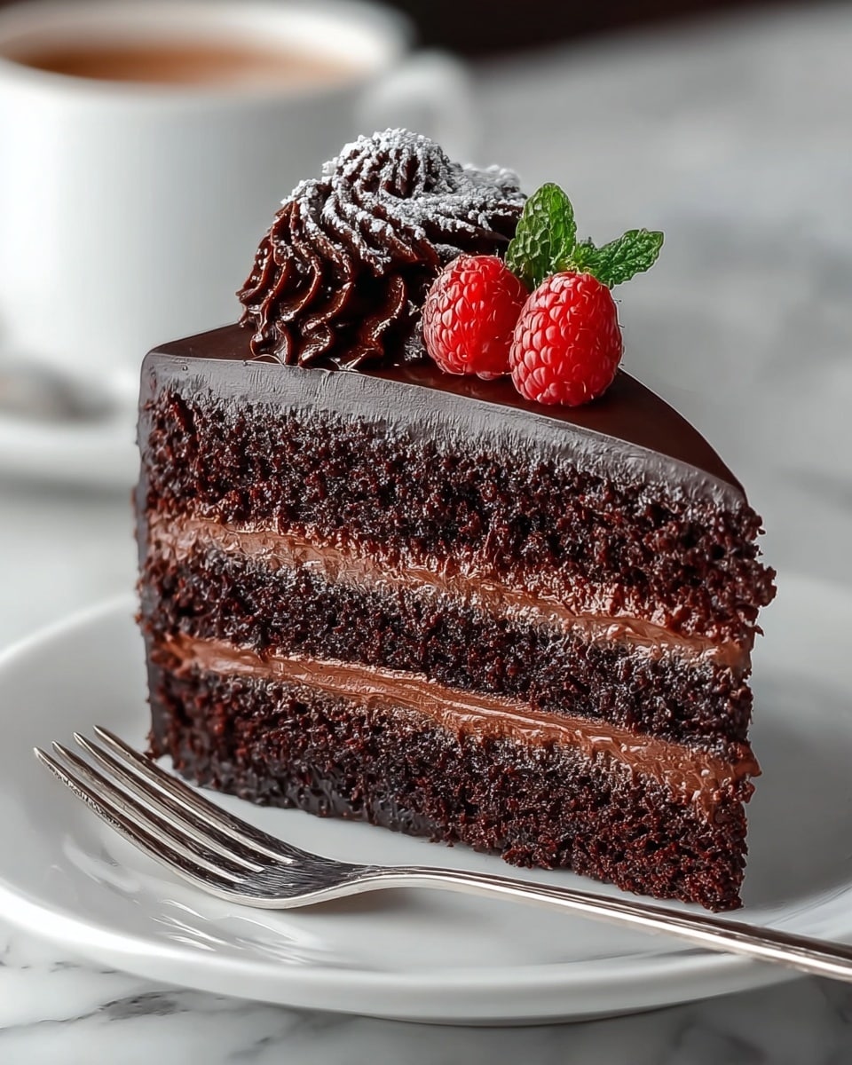 A slice of chocolate cake with three layers is on a white plate with a silver fork beside it. The bottom two layers are dark, moist chocolate cake separated by a smooth, creamy chocolate filling. The top layer is a thick, shiny chocolate ganache. On top of the cake, there are dark chocolate swirls created with a piping technique, dusted lightly with powdered sugar, and three bright red raspberries sit on top with green leaves. The background shows a white marbled texture with an out-of-focus white cup. photo taken with an iphone --ar 4:5 --v 7
