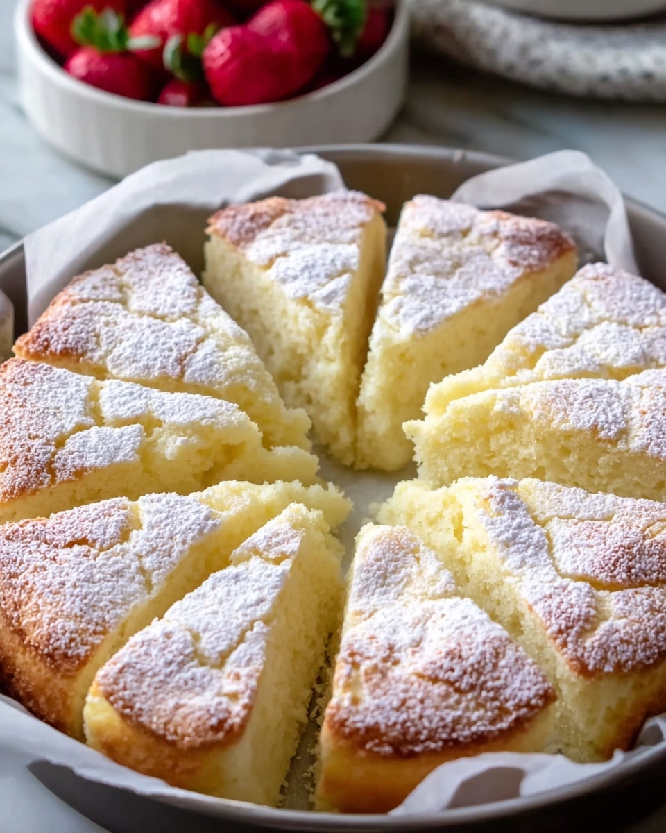 The image shows a round cake cut into 12 uneven slices arranged closely in a white baking pan with parchment paper. The cake has a light golden brown crust on the top and edges with a soft, pale yellow inside. The tops of all slices are dusted evenly with a thin layer of powdered sugar. In the background, there is a small white bowl partially visible with bright red strawberries on a white marbled surface. photo taken with an iphone --ar 4:5 --v 7