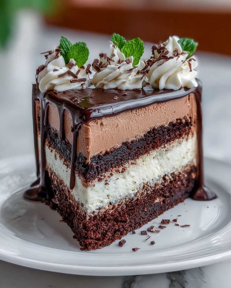 A tall slice of layered chocolate cake sits on a white plate over a white marbled surface, showcasing four alternating layers of rich dark chocolate cake and smooth cream-colored filling with two chocolate mousse layers in between. The top of the cake is fully covered in shiny dark chocolate ganache that drips down the sides in thick droplets. On top, there are whipped cream swirls sprinkled with chocolate shavings and a small green mint leaf in the center. A spoon with chocolate sauce is placed on the plate near the cake's edge. Photo taken with an iphone --ar 4:5 --v 7