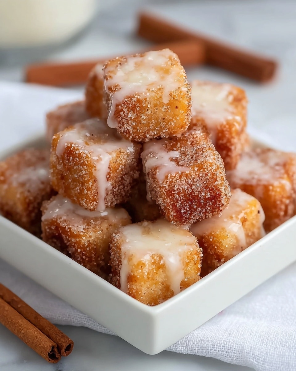 The image shows small cinnamon sugar-coated cubes stacked in a white square dish. Each cube has a crispy, golden brown outer layer covered in cinnamon sugar, with a light glaze drizzled on top that appears shiny and slightly thick. The cubes’ texture looks crunchy on the outside and soft inside, and they are packed closely together inside the dish. The dish sits on a white cloth placed on a white marbled surface, with a couple of cinnamon sticks visible in the corner. Photo taken with an iphone --ar 4:5 --v 7