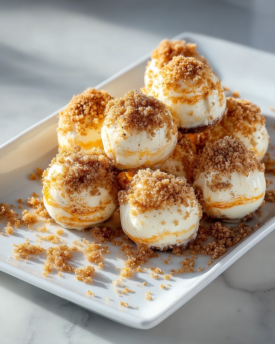 The image shows a white rectangular plate holding seven round dessert balls, each about two layers in texture: a creamy white base with streaks of light orange running through, and topped with a crumbly layer of brown and beige crumbs, which also scatter around the plate. The dessert balls are arranged in a slight cluster with three in the front row and four at the back. The plate sits on a white marbled surface with soft daylight coming from the side, highlighting the textures of the crumbs and creaminess of the dessert balls. photo taken with an iphone --ar 4:5 --v 7