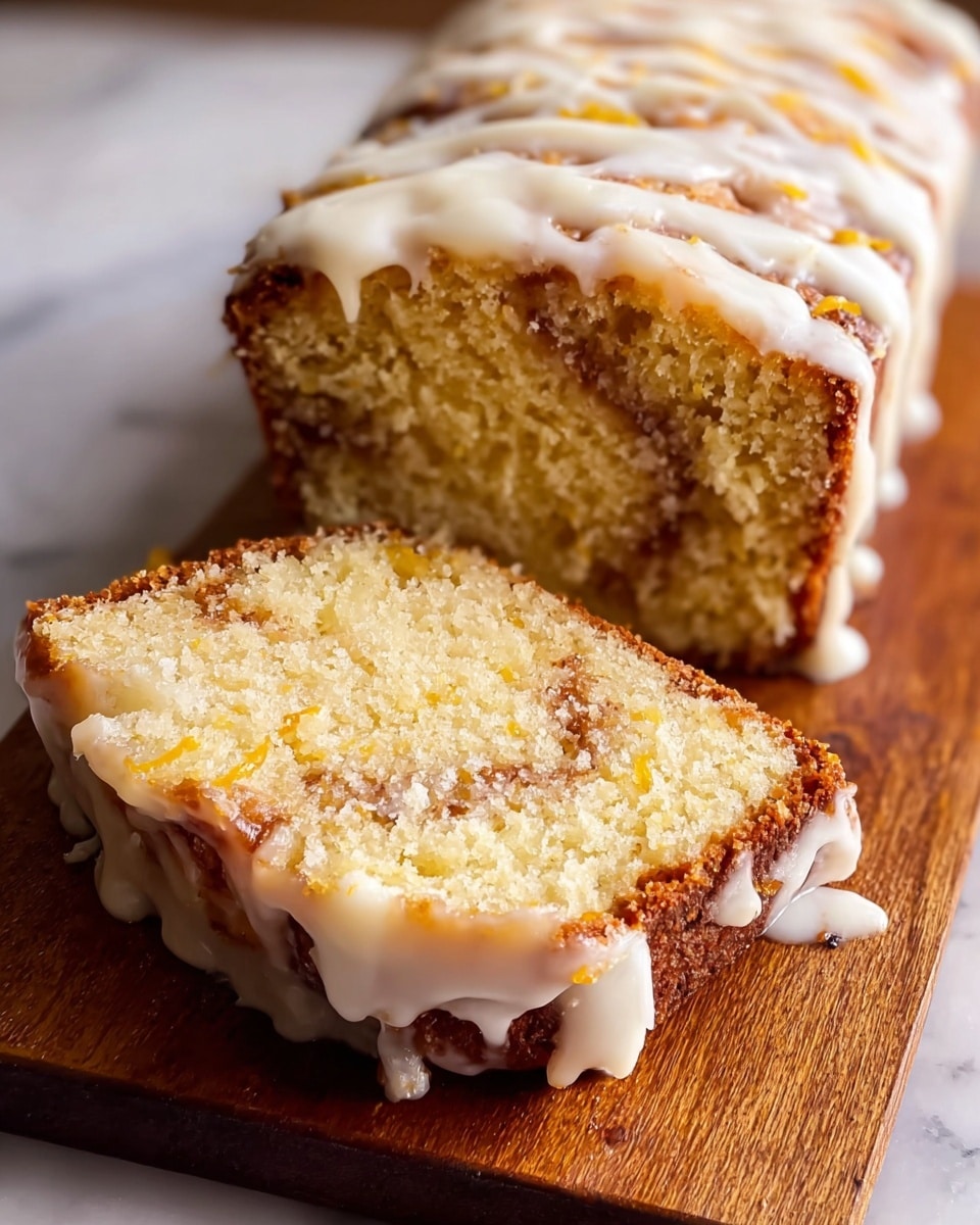 A close-up view of a sliced loaf cake placed on a wooden board set on a white marbled surface, showing two visible layers: the main soft crumbly cake layer with a light yellow color mixed with darker swirls and small bits, and the top layer covered with thick white icing that drips softly down the sides. The cake slice is positioned in front, displaying the texture clearly, while the rest of the loaf is behind it. Photo taken with an iphone --ar 4:5 --v 7