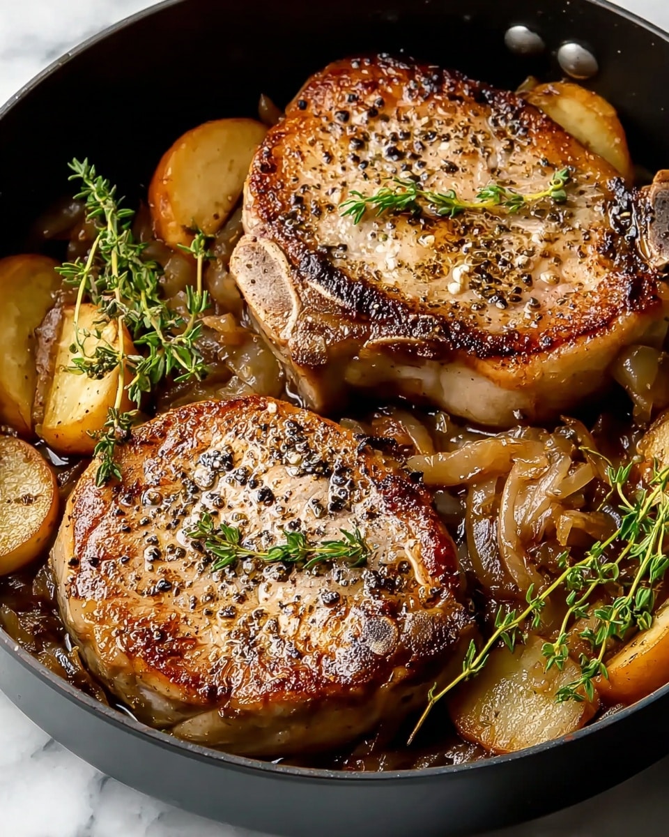 The image shows a black frying pan with three thick, golden-brown pork chops cooked to perfection, each topped with small sprigs of fresh thyme. Around the pork chops, there are golden sautéed onions and browned lemon slices, adding warm yellow and caramel colors to the scene. The food sits in a light sauce, giving the dish a glossy texture. The pan is placed on a white marbled surface with some fresh thyme sprigs scattered in the foreground, adding a touch of natural green. photo taken with an iphone --ar 4:5 --v 7