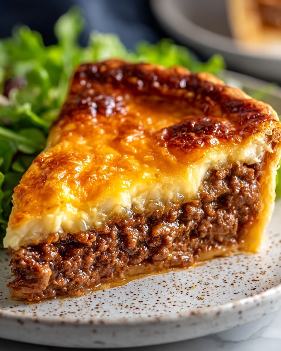 A close-up of a single slice of a meat pie showing three main layers: the top golden brown baked crust with a shiny and slightly textured surface, a middle layer of melted yellow and white cheese that looks gooey and fresh, and the bottom thick layer of finely ground cooked meat that appears moist and well cooked with a rich brown color. The slice sits on a white plate on a white marbled texture. photo taken with an iphone --ar 4:5 --v 7