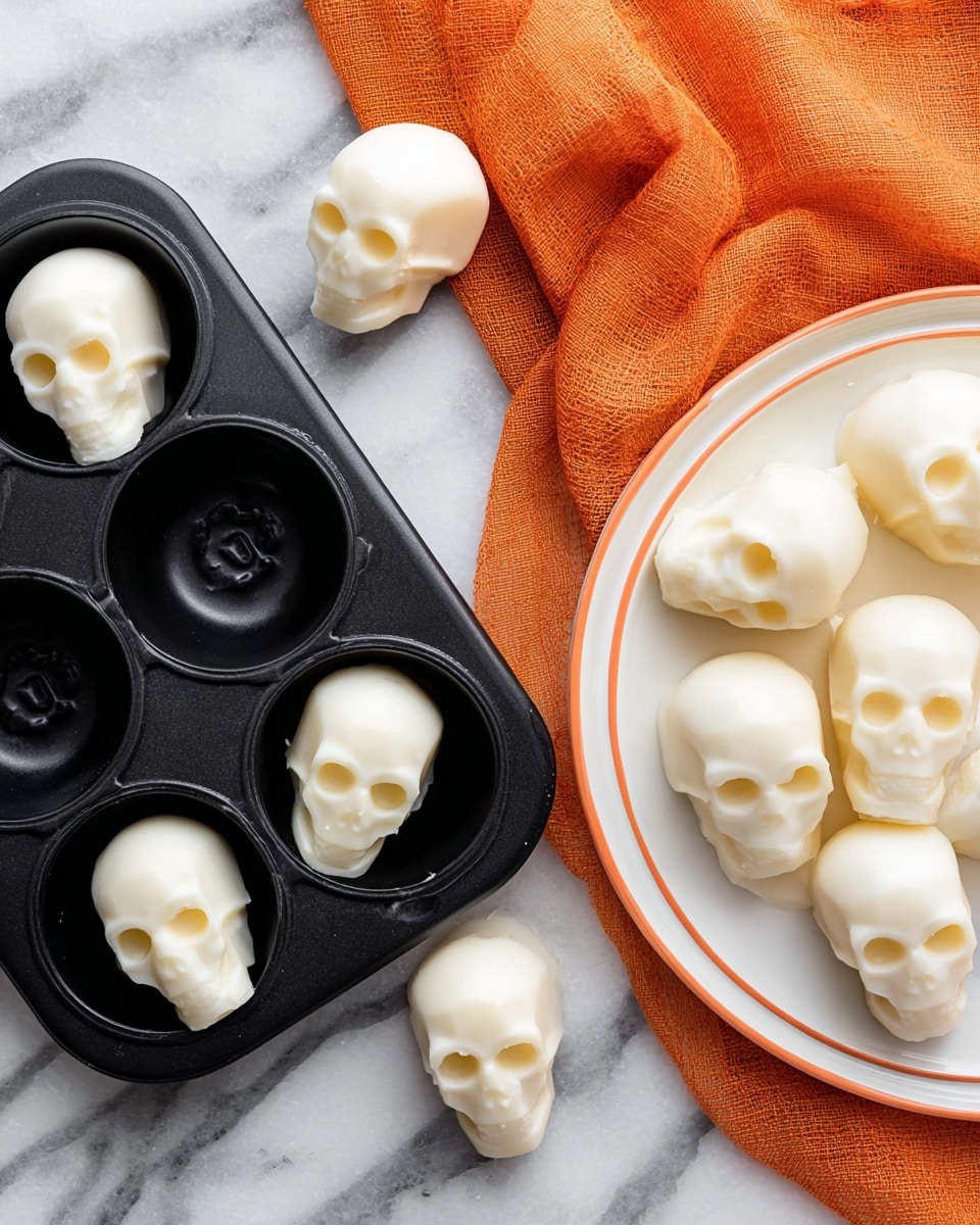 The image shows several small skull-shaped white confections with smooth, slightly textured surfaces and clear eye sockets and nose holes. There are three skulls resting in a black plastic mold tray, where unshaped white filling remains in other molds. Nearby, two more skulls lie on a white marbled surface next to the tray. Above this, a white plate with an orange border is filled with many more white skull-shaped treats, overlapping slightly to show their rounded shapes. To the right, a piece of orange fabric adds a bright splash of color near the top edge. photo taken with an iphone --ar 4:5 --v 7