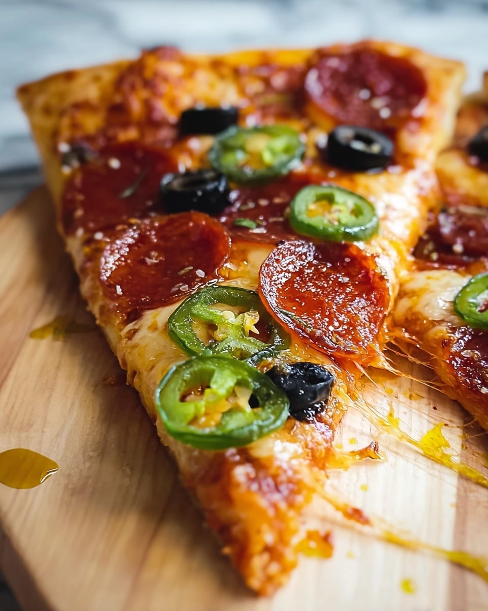 The image shows a rustic oval-shaped pizza placed on a wooden board, sitting on a white marbled surface. The pizza has a golden-brown crust that looks slightly thick and soft. The first layer is a bright red tomato sauce spread evenly. On top is a layer of melted mozzarella cheese with a slightly bubbly texture and creamy white color. Scattered across the pizza are slices of pepperoni with a glossy, reddish-brown hue and curled edges. Bright green jalapeño slices are spread throughout, showing seeds and light shadows inside them. Black olive rings add contrast with their dark color and shiny texture. Small bits of fresh green herbs are sprinkled on top, along with some crushed pepper flakes. The overall look is vibrant and fresh, with each topping clearly visible, making the pizza look delicious and inviting. photo taken with an iphone --ar 4:5 --v 7
