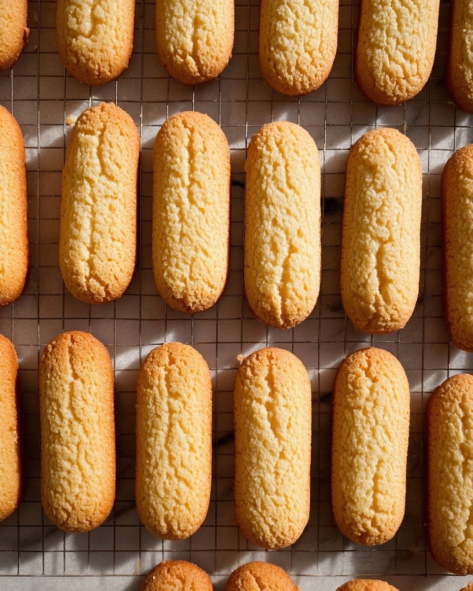 A close-up view of many light golden, elongated ladyfinger cookies arranged in neat diagonal rows on an orange textured baking mat with black circular markings, showing their soft, airy texture and slightly rough tops, with warm sunlight casting soft shadows to add depth and highlight the details of each cookie, photo taken with an iphone --ar 4:5 --v 7