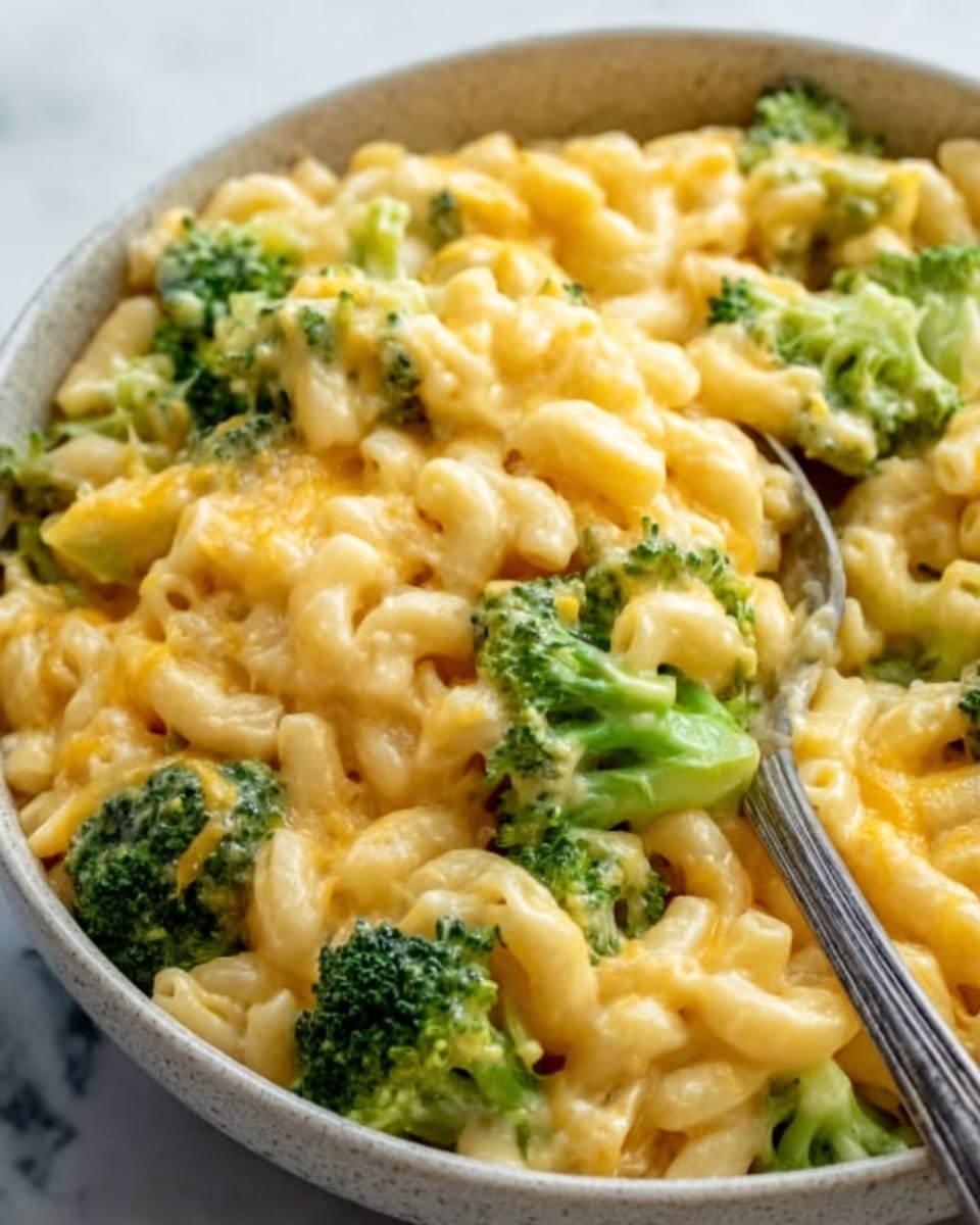 A close-up view of a creamy pasta dish served in a white bowl filled nearly to the top. The pasta is elbow macaroni, coated with a smooth, golden yellow cheese sauce that looks rich and shiny. Bright green broccoli pieces are evenly mixed throughout the pasta, adding color contrast and texture, with some broccoli pieces sitting on top to show freshness. A metal spoon rests inside the bowl, partly covered with pasta and broccoli, invitingly ready to eat. The background is a white marbled texture that highlights the colors of the dish, photo taken with an iphone --ar 4:5 --v 7