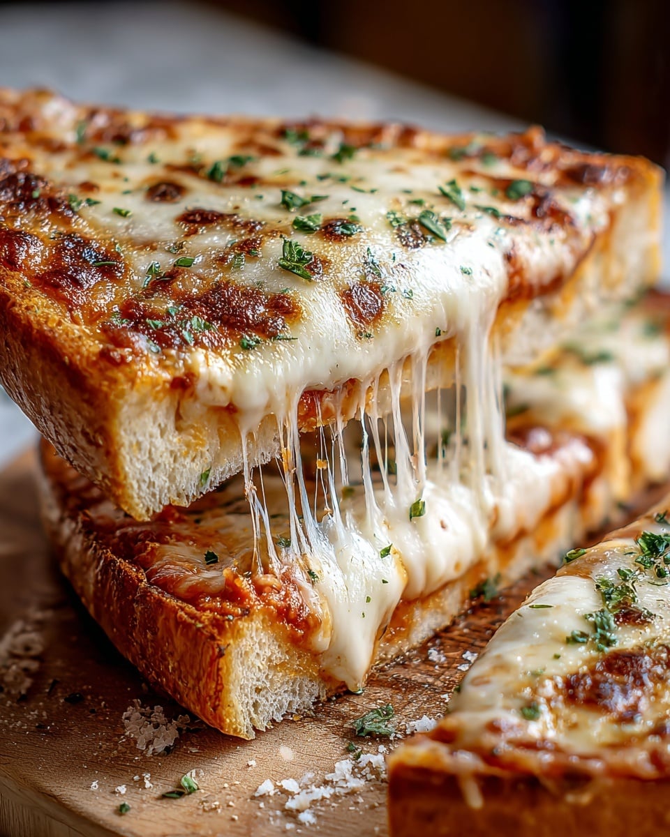 A thick slice of square pizza is being lifted, showing three layers: a light brown, soft bread crust at the bottom, a thin layer of bright red tomato sauce in the middle, and a thick, creamy layer of melted mozzarella cheese on top, browned with golden and dark spots and sprinkled with finely chopped green herbs, all on a white marbled background. The cheese stretches down in strings from the slice to the remaining pizza beneath it. The pizza rests on a wooden board with some scattered crumbs and herbs. Photo taken with an iphone --ar 4:5 --v 7